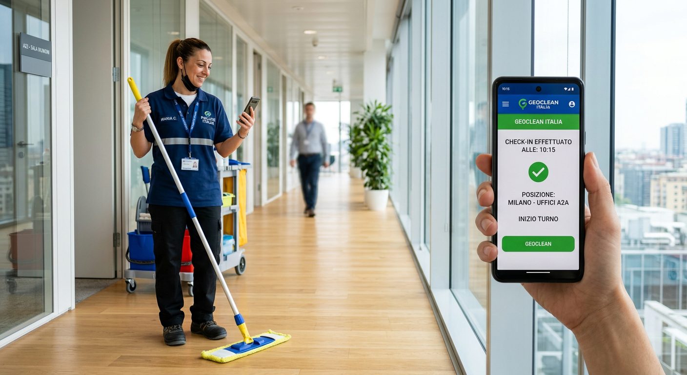 Dipendente logistica che timbra presenza fuori sede tramite GPS su smartphone NoBadge