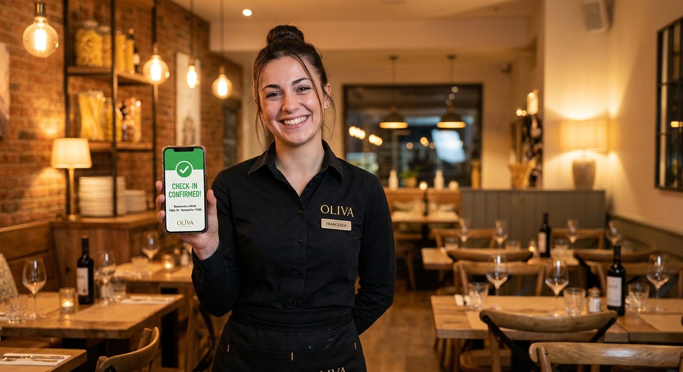 Cameriera di ristorante che timbra inizio turno da smartphone con app presenze NoBadge