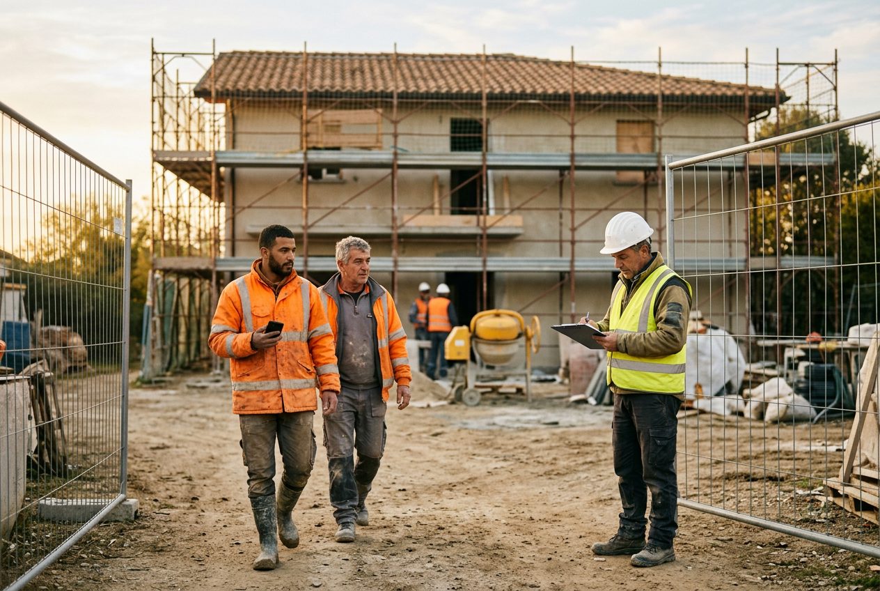 Capocantiere e operai all'ingresso di un cantiere edile al mattino, un operaio timbra l'inizio del turno con lo smartphone