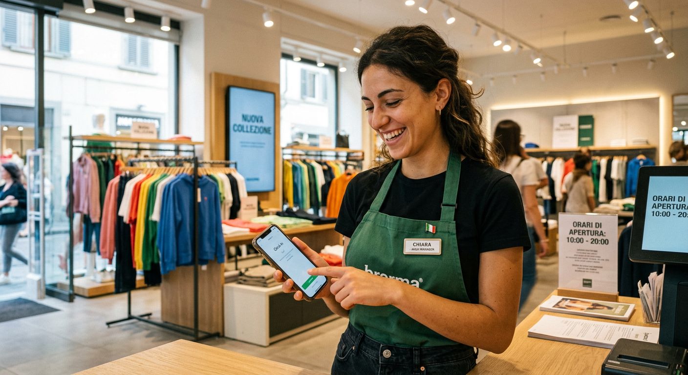 Commessa negozio retail che timbra inizio turno da smartphone con app NoBadge