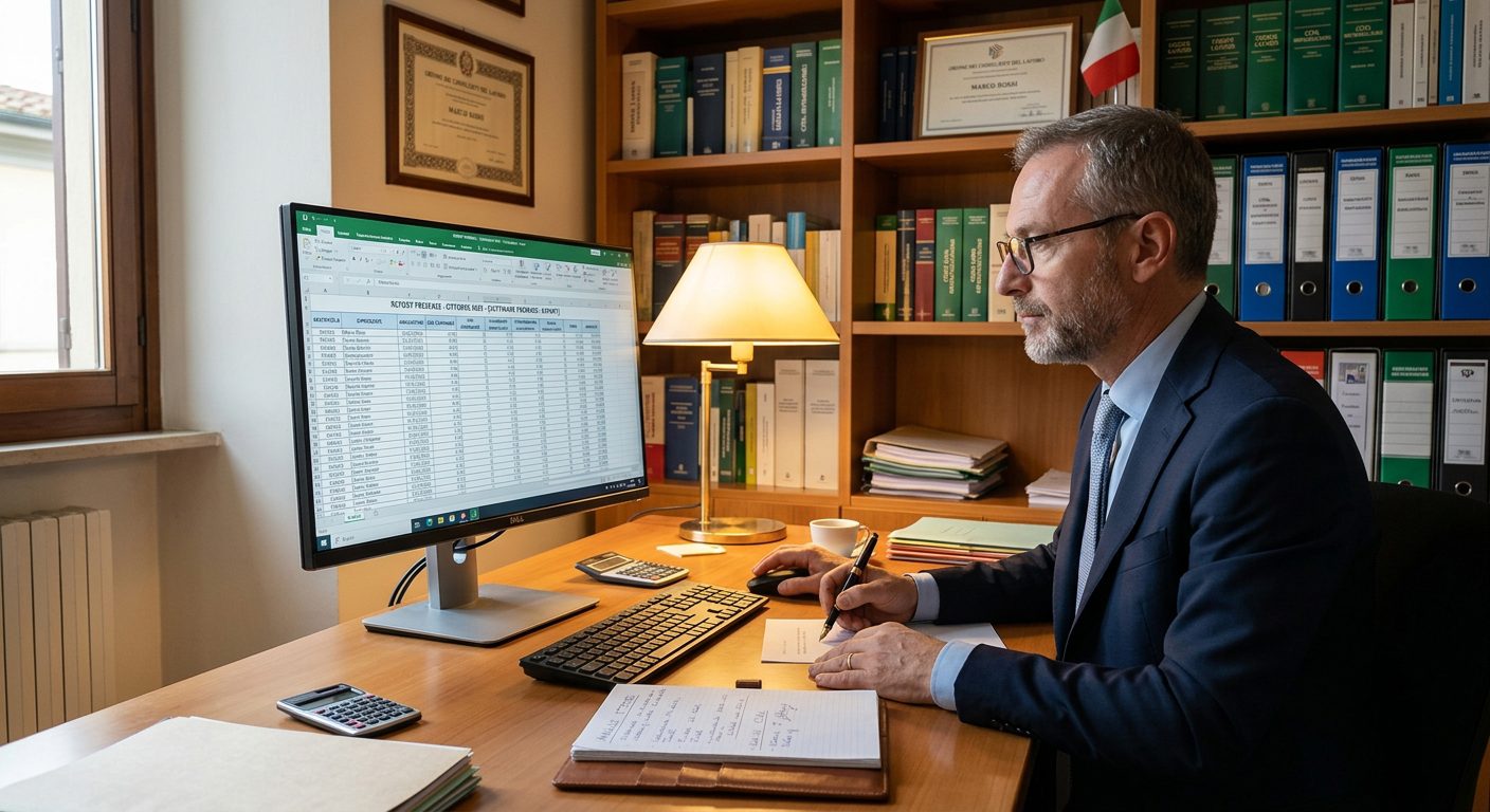 Consulente del lavoro che esamina report presenze esportato in Excel da NoBadge per negozi retail