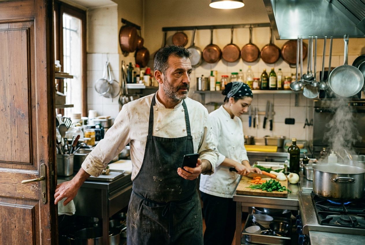 Cuoco che timbra l'inizio del turno serale con lo smartphone entrando in cucina