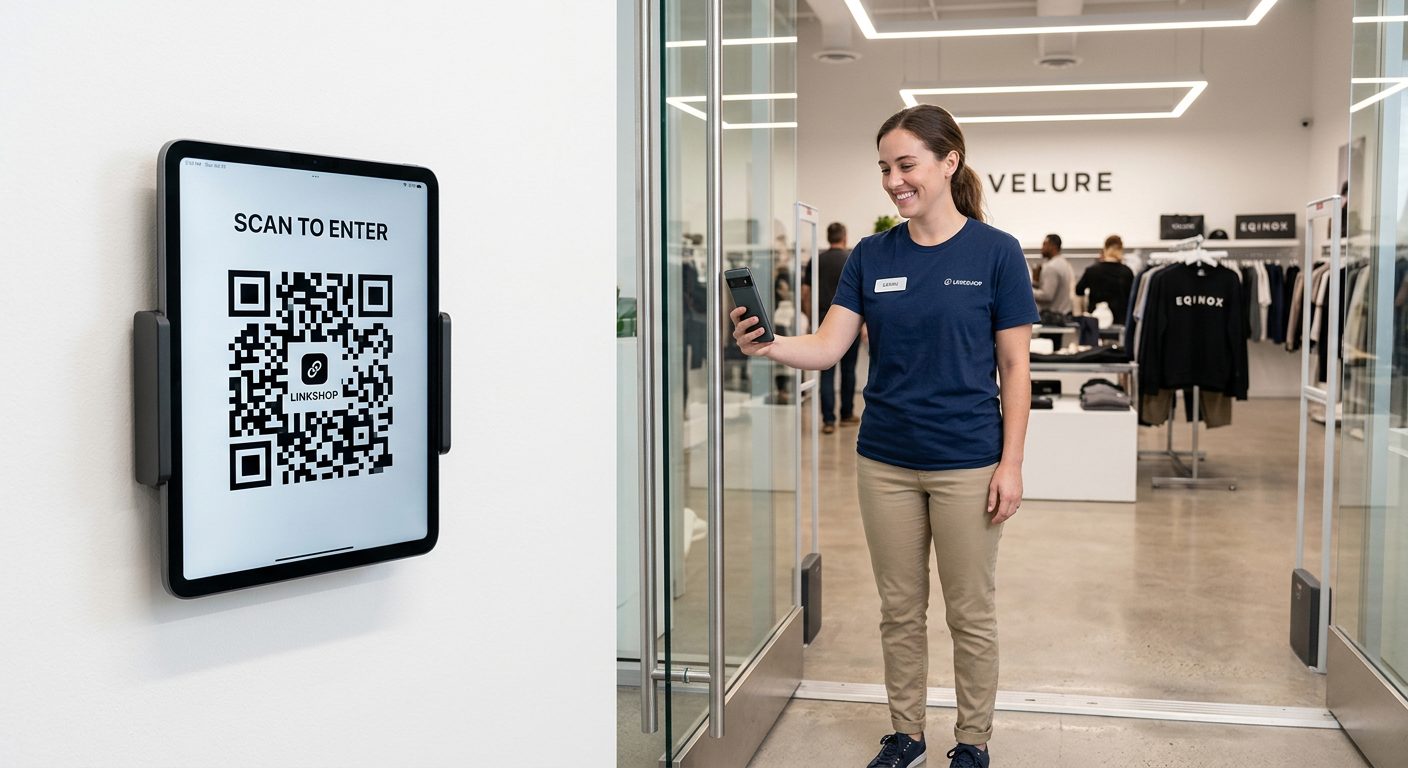 Dipendente che timbra presenza scansionando QR code dinamico NoBadge con smartphone in negozio retail