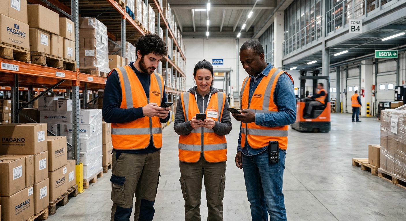 Dipendenti magazzino logistica che timbrano presenza da smartphone con NoBadge