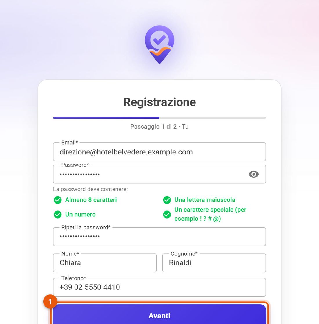 Registrazione, primo passo: email, password, nome, cognome e telefono