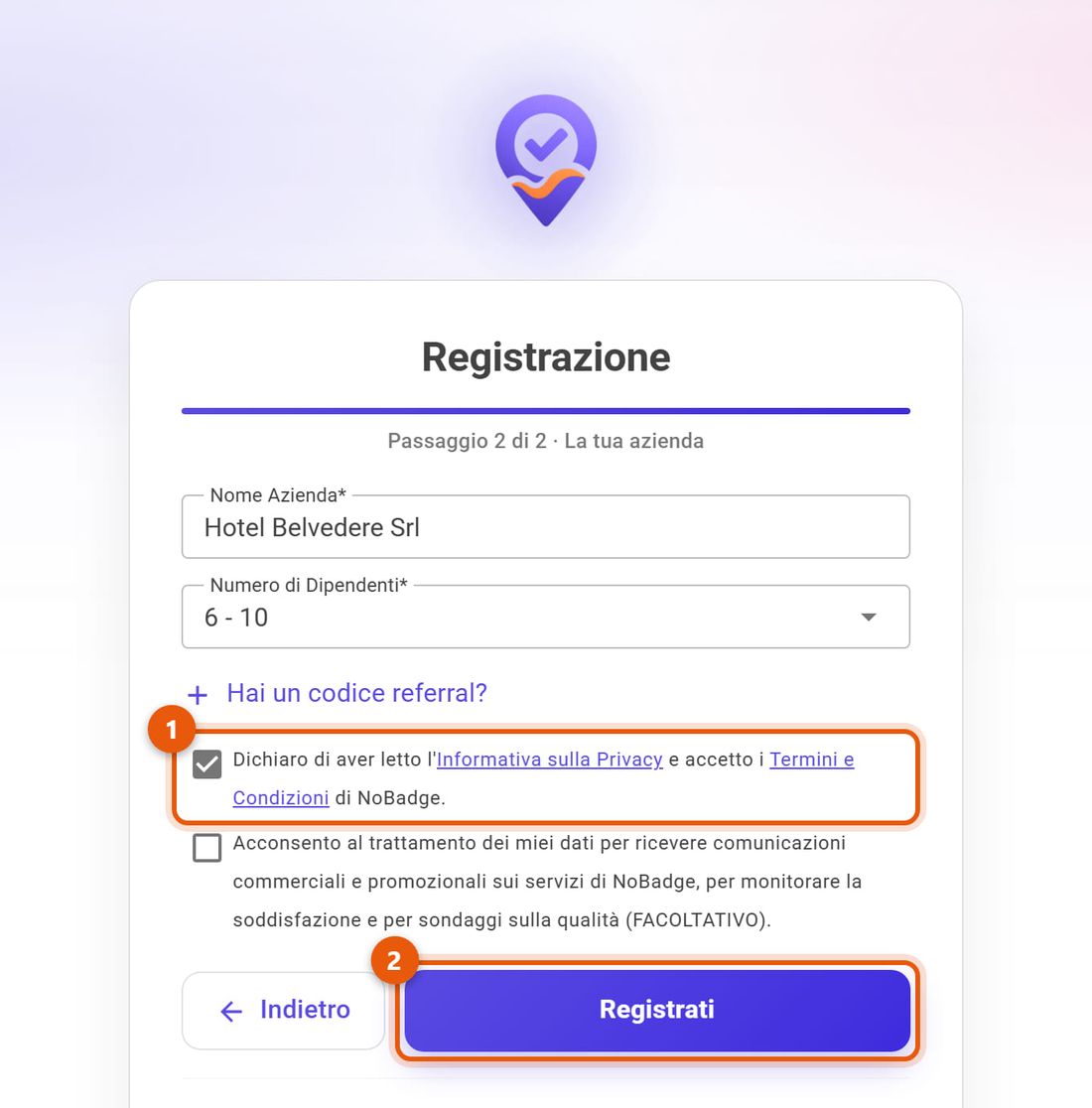 Registrazione, secondo passo: nome dell'azienda, numero di dipendenti, consensi e Registrati