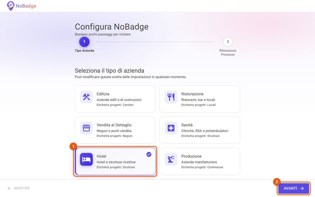 Configura NoBadge, passo Tipo Azienda, con la scheda Hotel scelta