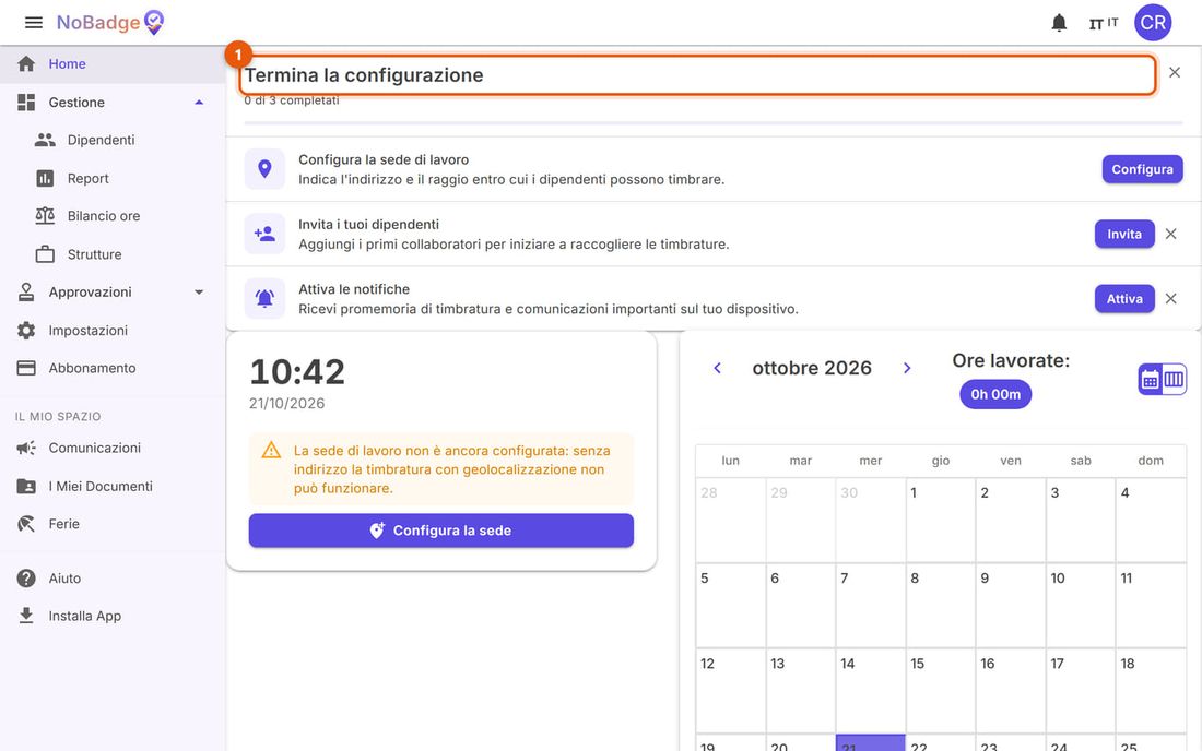 Home di un'azienda appena iscritta con la lista Termina la configurazione