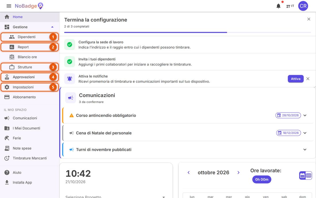Home dell'amministratore con le voci Dipendenti, Report, Strutture, Approvazioni e Impostazioni evidenziate