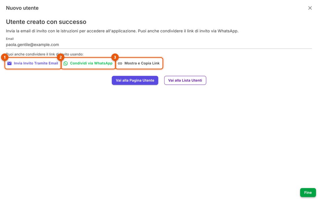 Ultimo passo: Invia Invito Tramite Email, Condividi via WhatsApp, Mostra e Copia Link