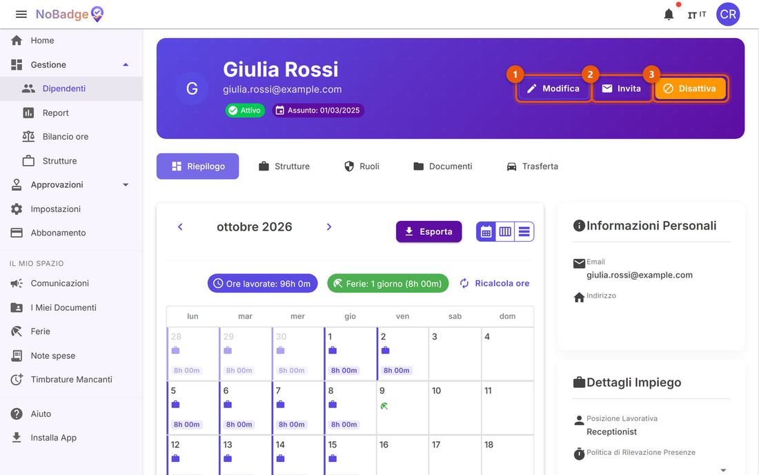 Scheda di Giulia Rossi con i pulsanti Modifica, Invita e Disattiva e il calendario delle ore
