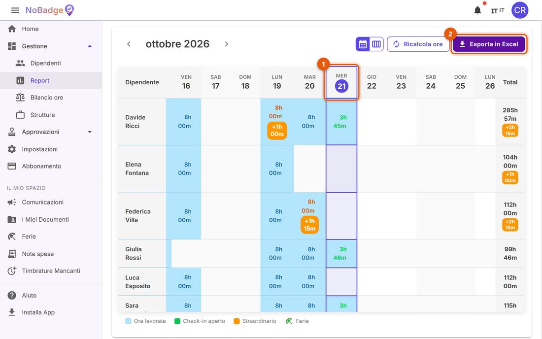 Report di ottobre con la colonna di oggi e il pulsante Esporta in Excel