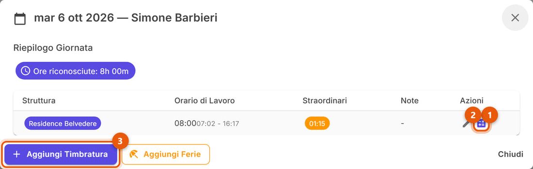 Dettaglio del 6 ottobre di Simone Barbieri: ore riconosciute 8h, straordinario 1h15, icone di calcolo e modifica