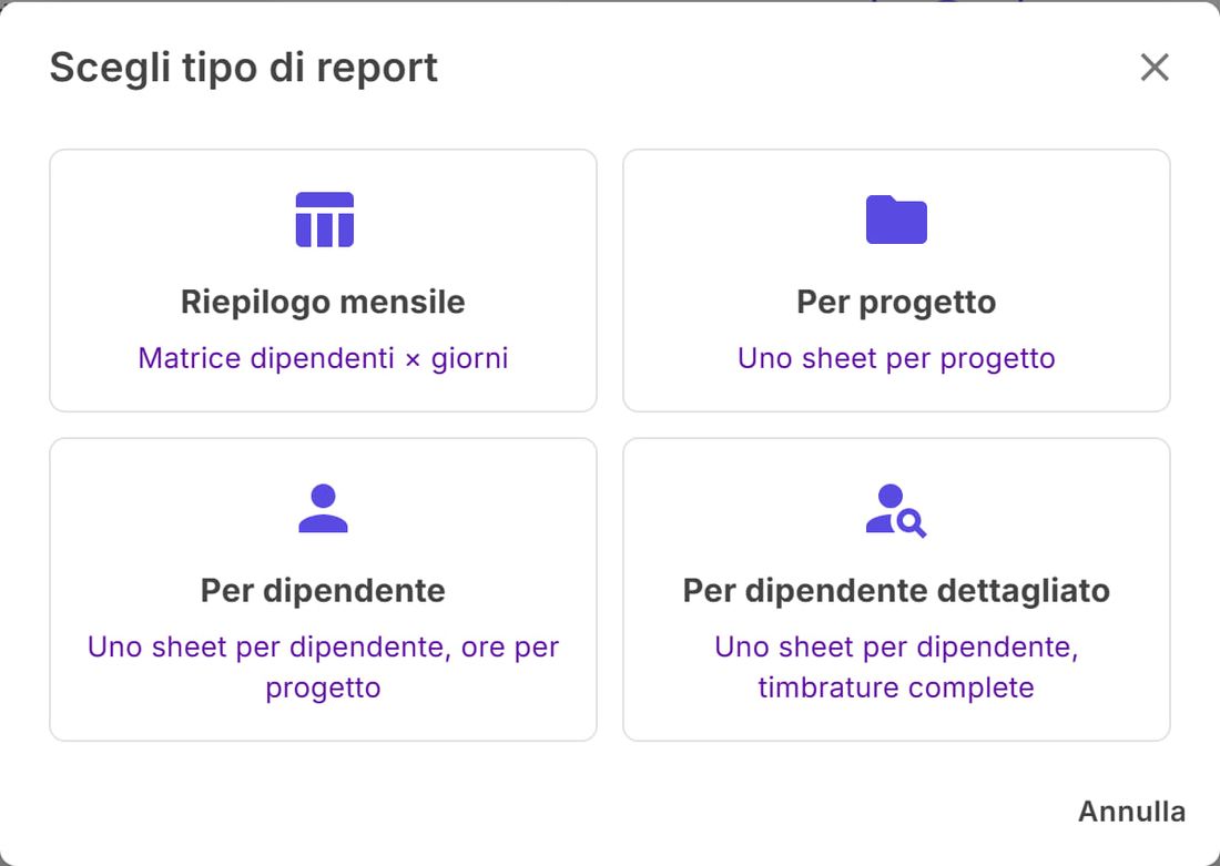 Finestra Scegli tipo di report con i quattro formati Excel