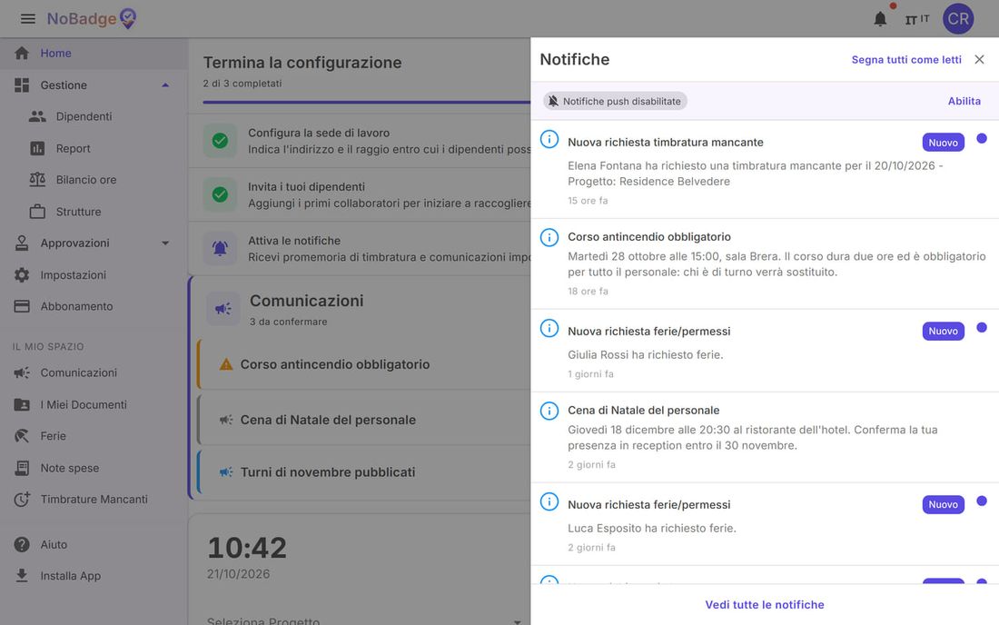 Pannello Notifiche con richieste di ferie e di timbrature mancanti