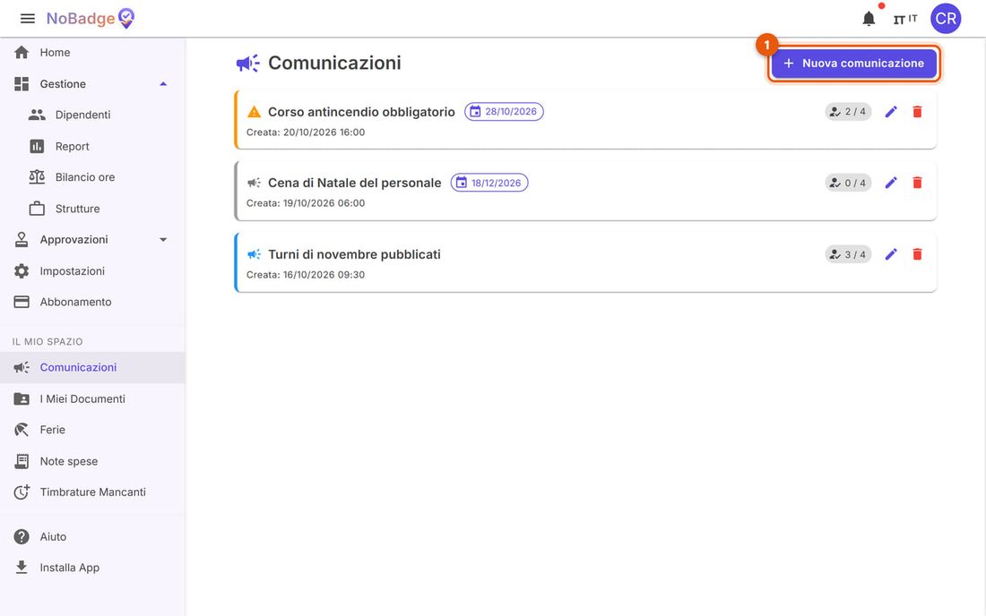 Comunicazioni dell'amministratore con il pulsante Nuova comunicazione e le conferme di lettura
