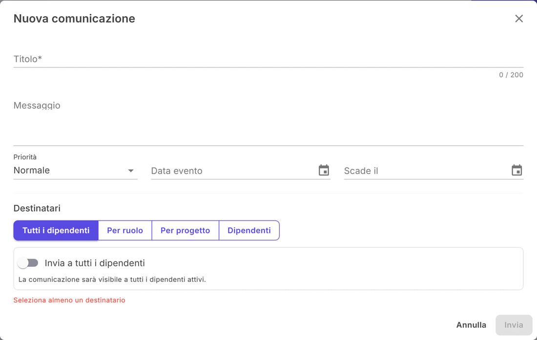 Finestra Nuova comunicazione con titolo, messaggio, priorità, date e destinatari