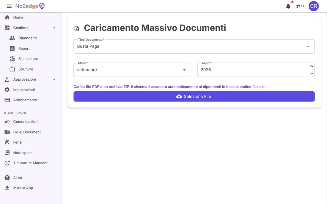 Caricamento Massivo Documenti: tipo, mese, anno e Seleziona File