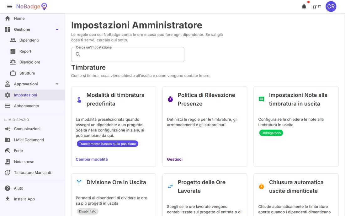 Impostazioni Amministratore, sezione Timbrature