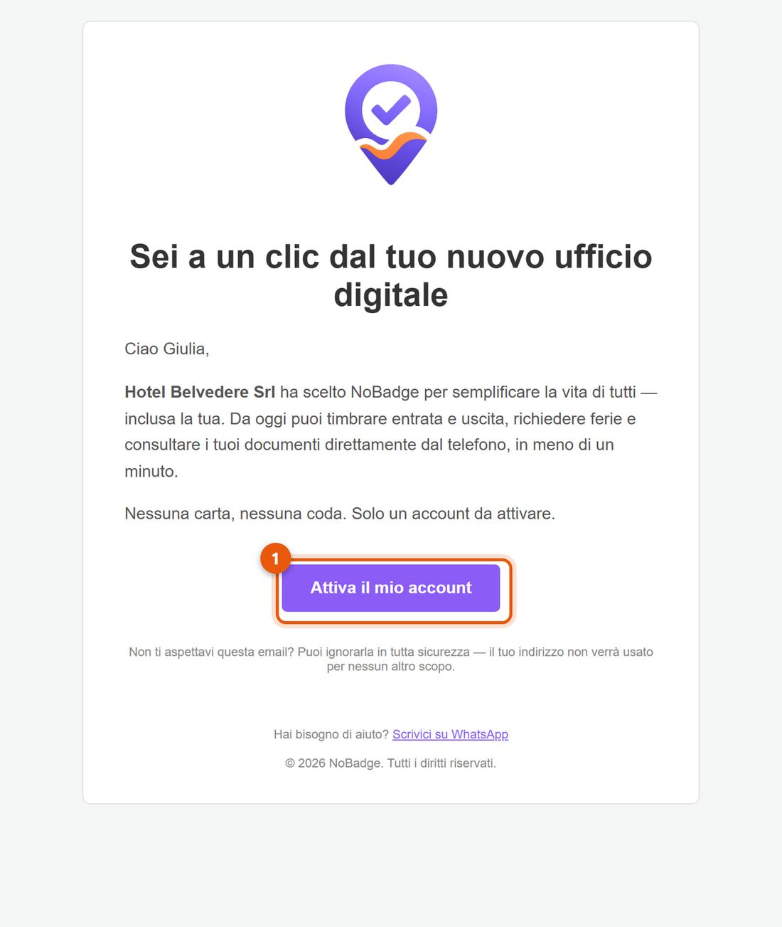 Email d'invito con il pulsante Attiva il mio account
