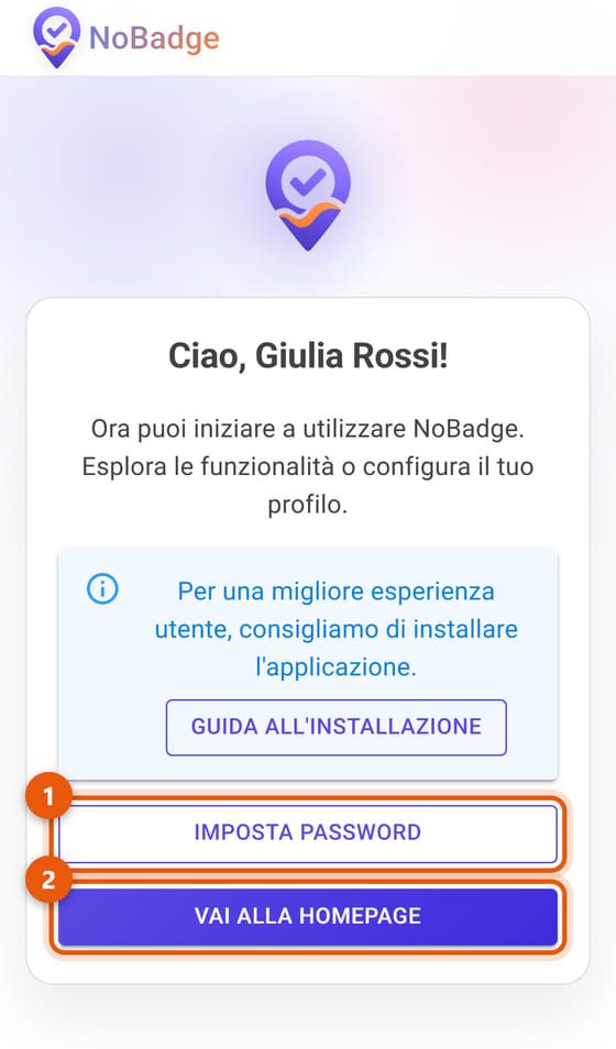 Pagina di benvenuto con Imposta Password e Vai alla Homepage
