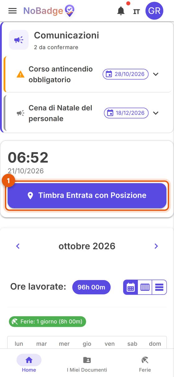 Home prima di timbrare, con il pulsante Timbra Entrata con Posizione