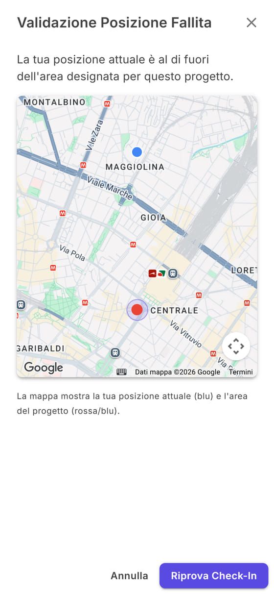 Validazione Posizione Fallita: la mappa con la tua posizione e l'area della sede
