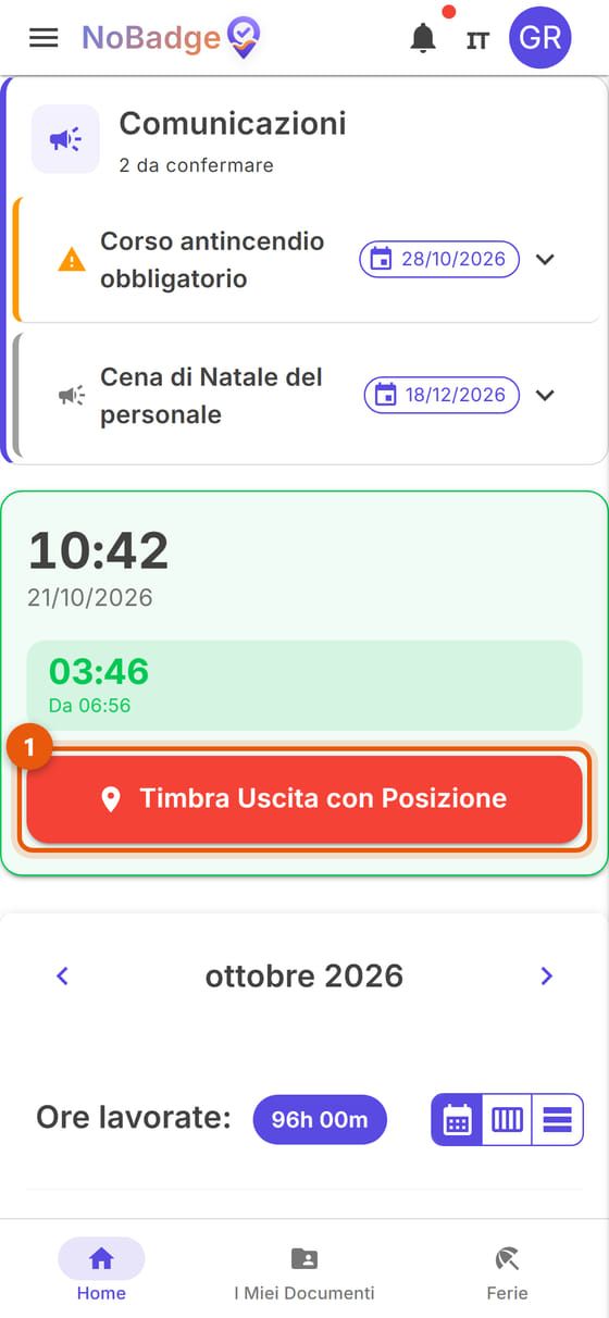 Home durante il turno, con le ore trascorse e il pulsante Timbra Uscita con Posizione