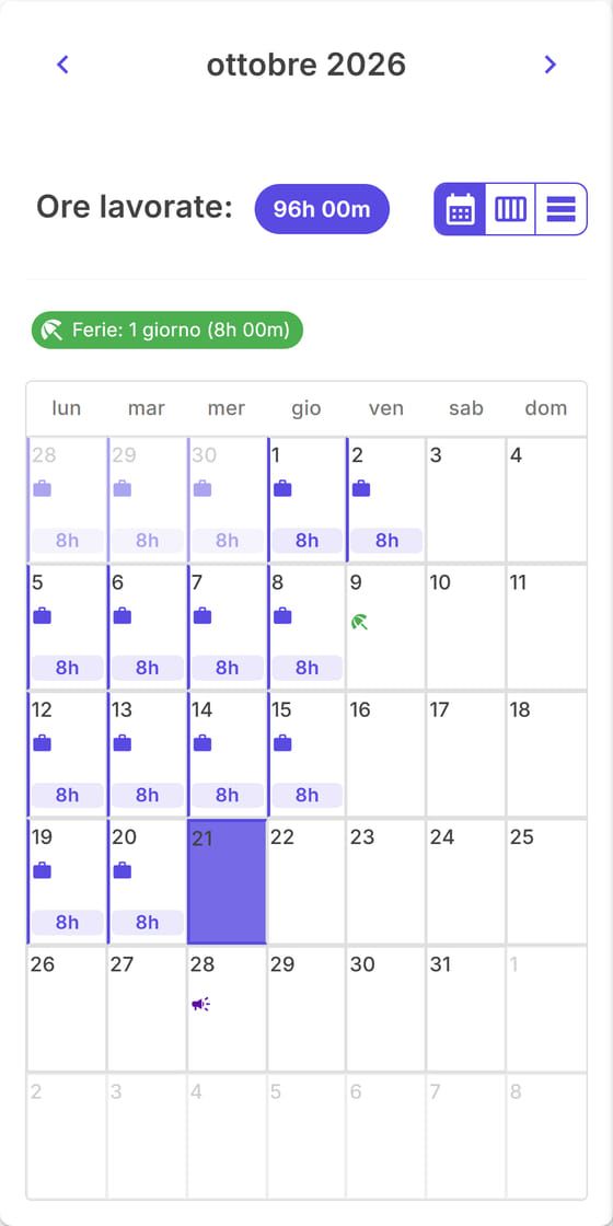 Calendario di ottobre con le ore di ogni giorno