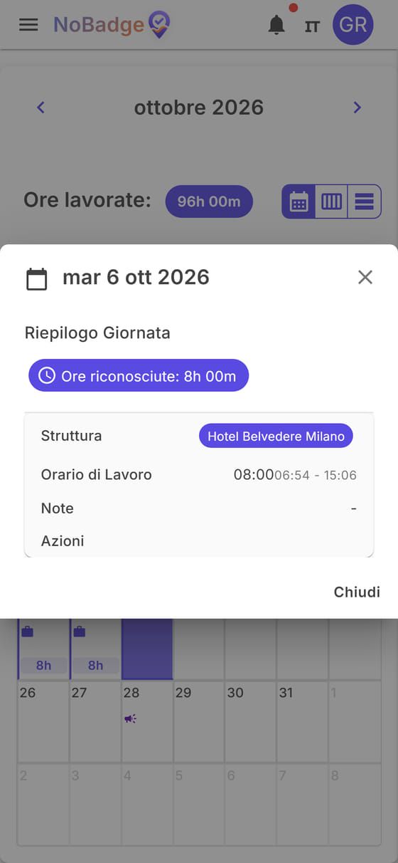 Dettaglio del 6 ottobre: ore riconosciute 8h 00m, orari 06:54–15:06