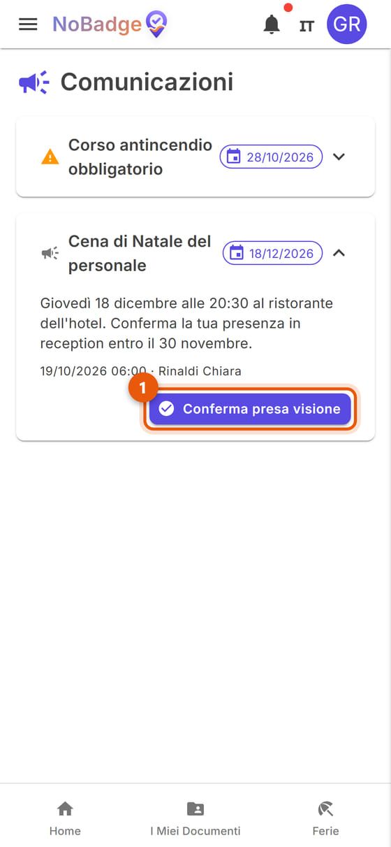 Comunicazione aperta con il pulsante Conferma presa visione