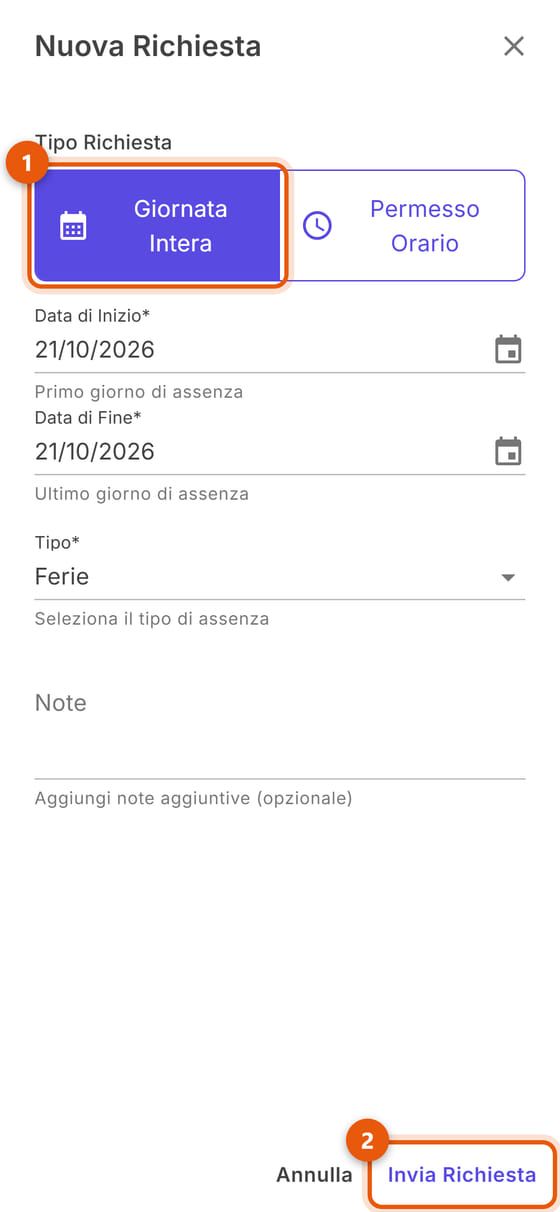 Nuova Richiesta, giornata intera: date, tipo e note