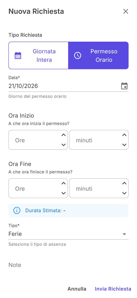 Nuova Richiesta, permesso orario: data, ora di inizio e di fine