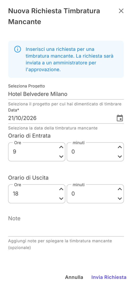 Nuova Richiesta Timbratura Mancante: sede, data, orari e note