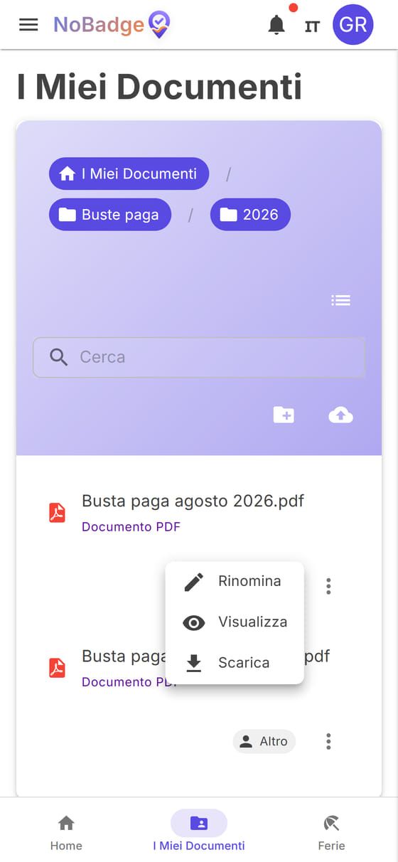 La cartella Buste paga 2026 con il menu di un file: Rinomina, Visualizza, Scarica