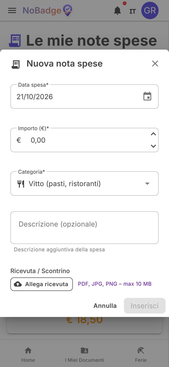 Finestra Nuova nota spese con data, importo, categoria e Allega ricevuta