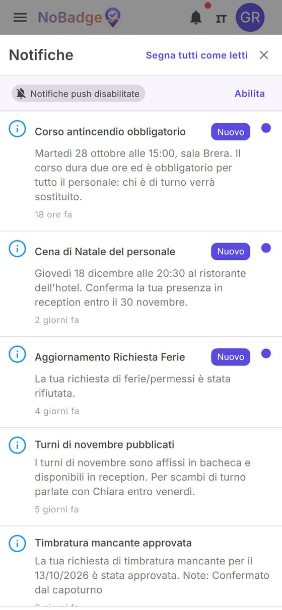 Pannello Notifiche con richieste approvate e rifiutate e nuove comunicazioni
