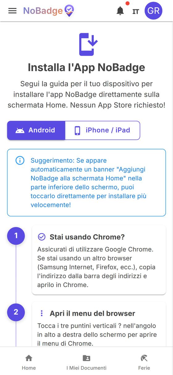Pagina Installa l'App NoBadge con le guide per Android e iPhone