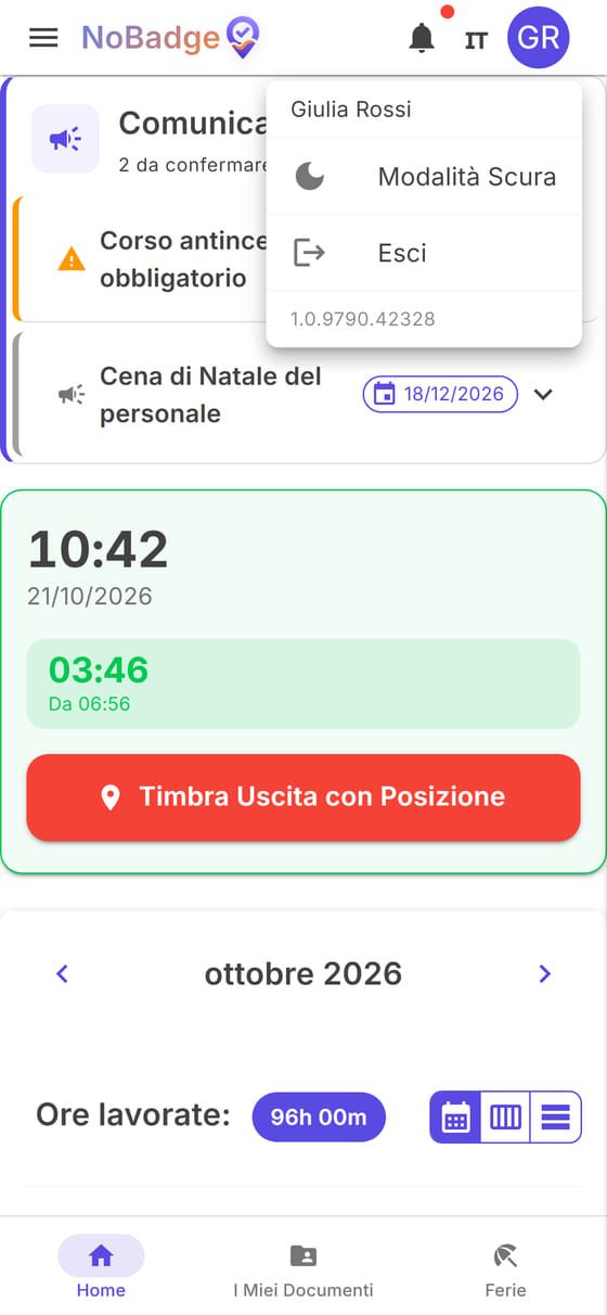 Menu dell'account con Modalità Scura ed Esci