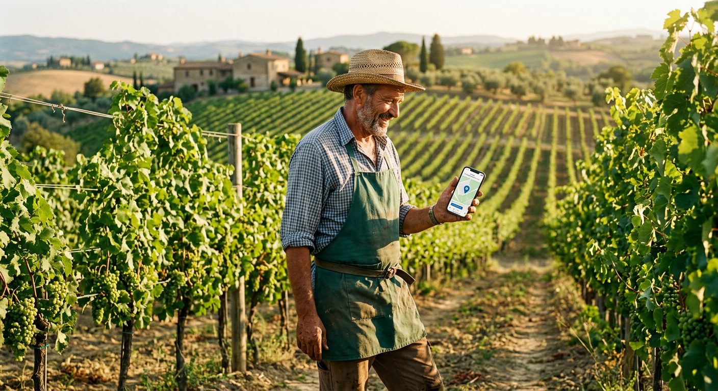 Lavoratore agricolo che timbra presenza in campo tramite GPS con app NoBadge