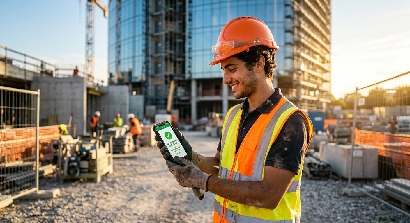 Operaio edile che timbra la presenza da smartphone in cantiere con GPS NoBadge