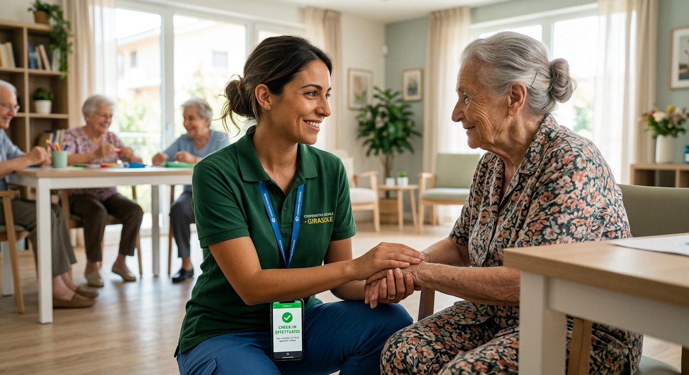 Operatrice cooperativa sociale che gestisce timbratura presenze con NoBadge