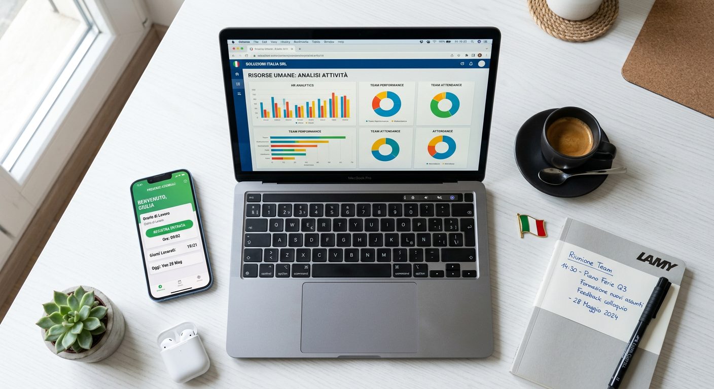 Postazione lavoro PMI italiana con app rilevazione presenze NoBadge su smartphone