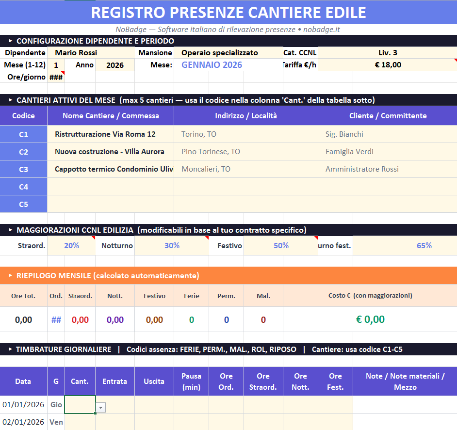 Foglio presenze cantiere edile Excel gratis NoBadge