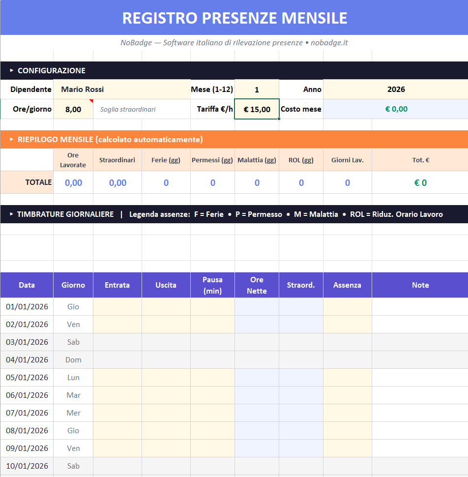 Template foglio presenze mensile Excel gratis NoBadge