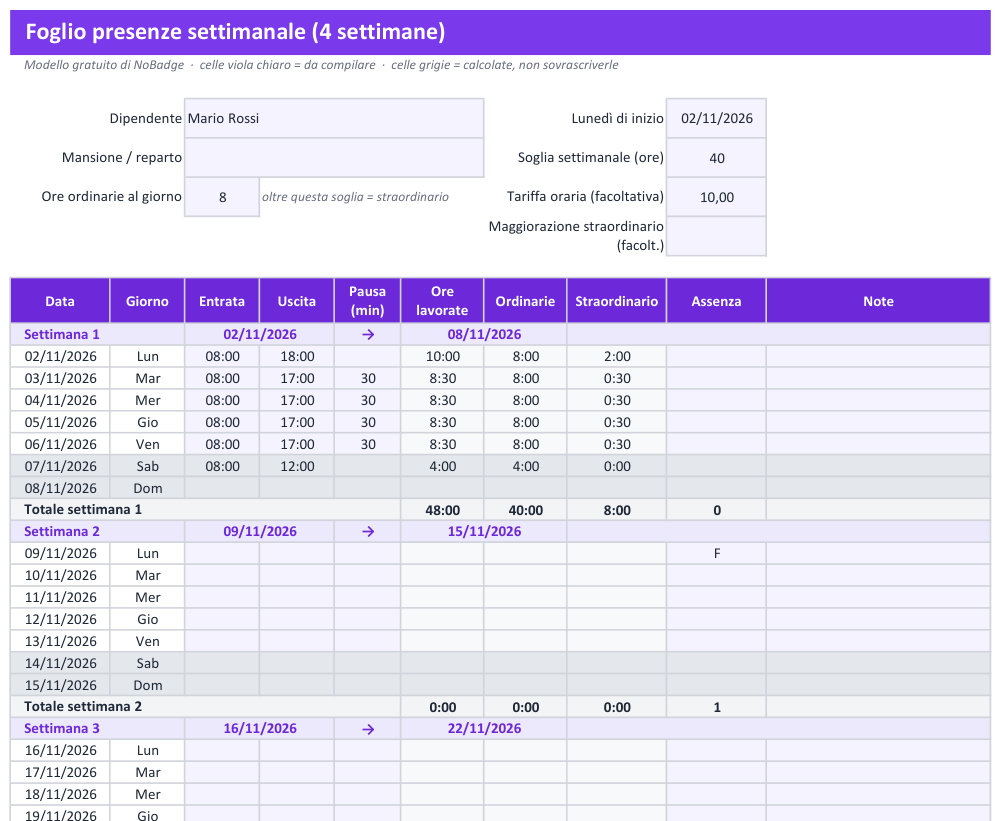 Anteprima del foglio presenze settimanale Excel con totali per settimana