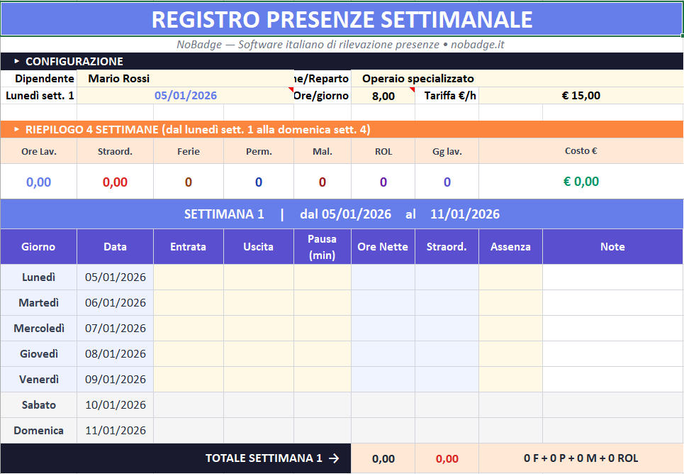 Foglio presenze settimanale Excel gratis per turnisti NoBadge
