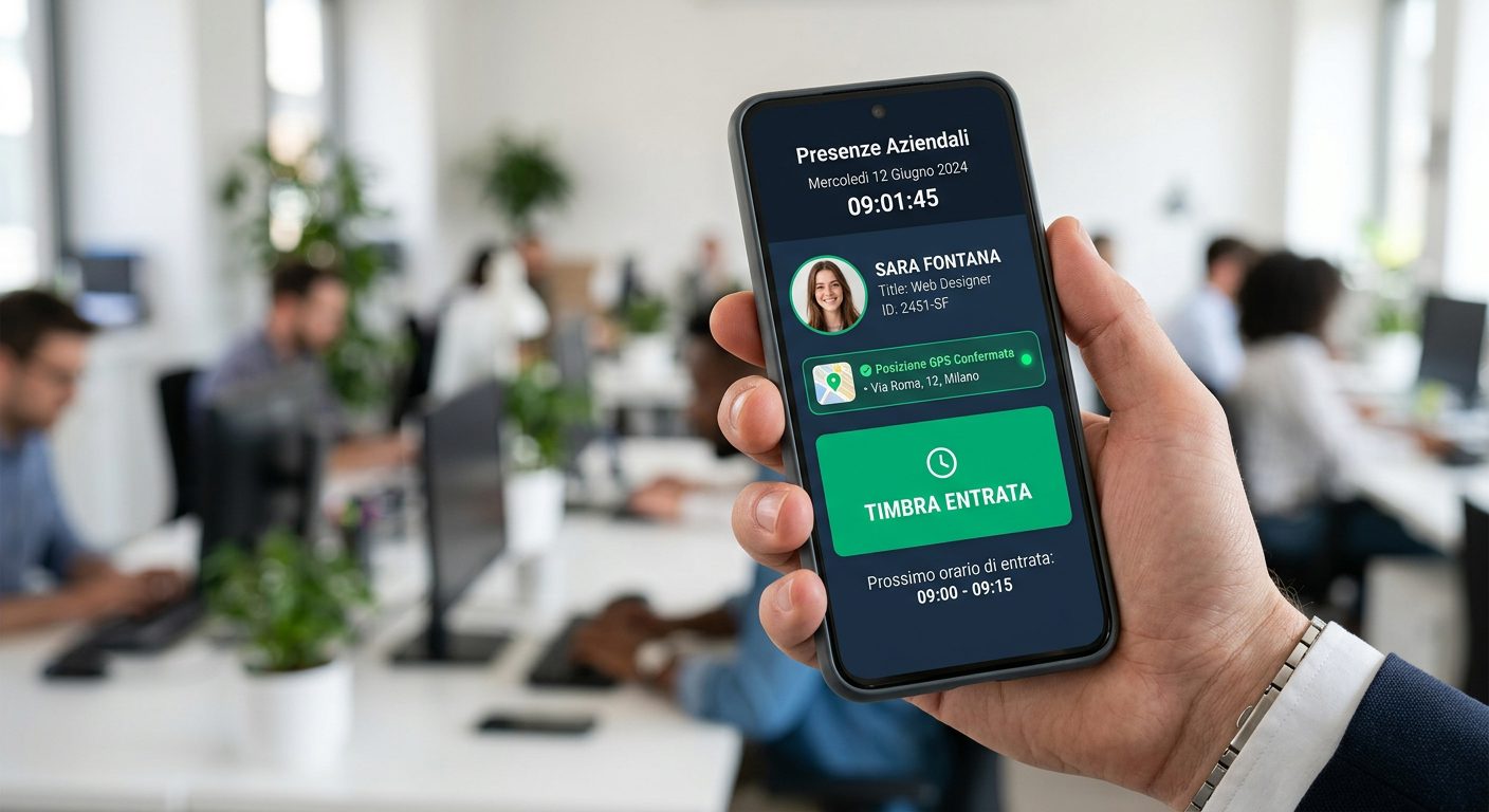 Schermata app NoBadge con pulsante timbratura GPS verde su smartphone