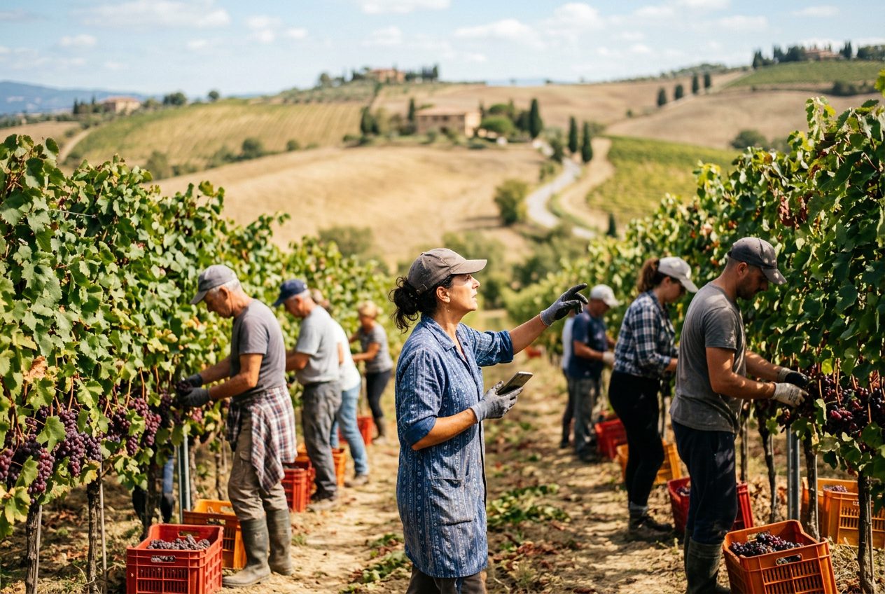 Squadra di lavoratori stagionali durante la vendemmia in un vigneto collinare, la caposquadra con lo smartphone in mano