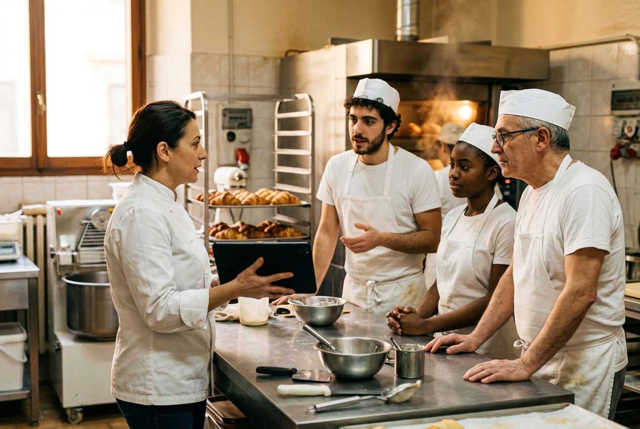 Titolare di una pasticceria che organizza i turni della settimana con il personale guardando il tablet